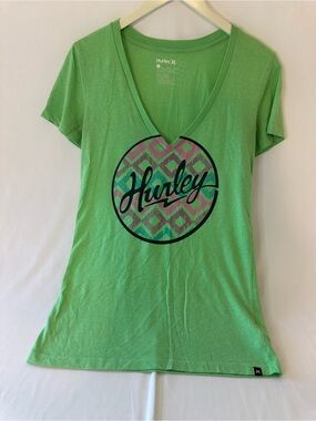 Hurley Green V-Neck Graphic Tee with Multicolor Logo